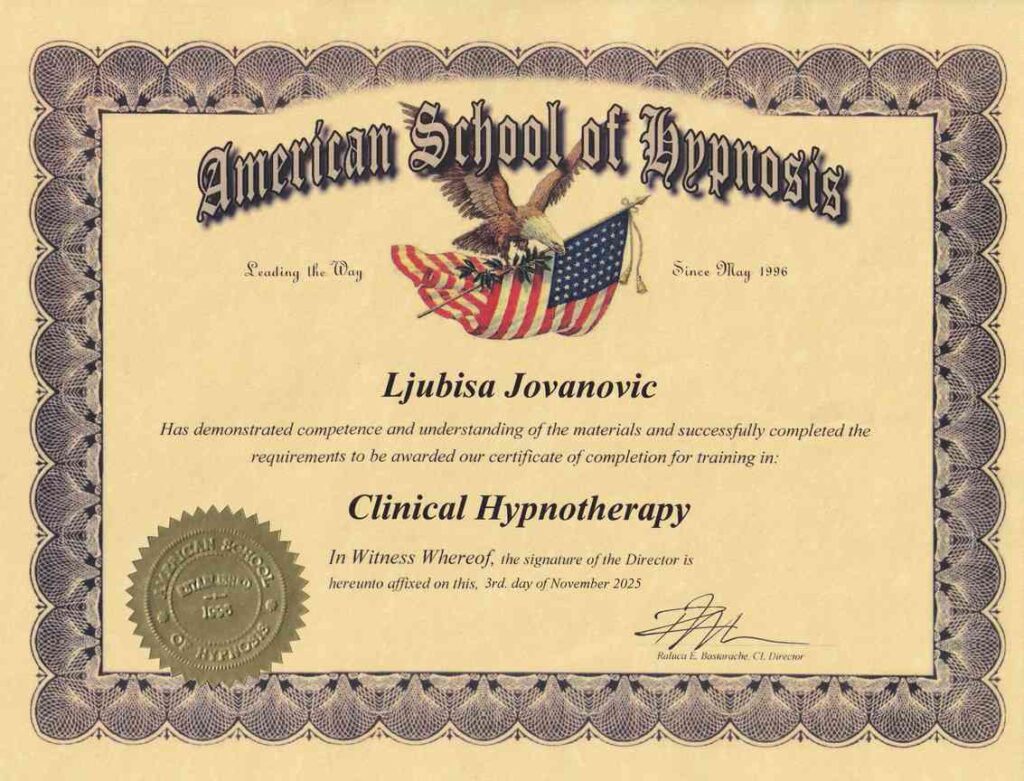 Sertifikat diplomiranog hipnoterapeuta iz Amerike