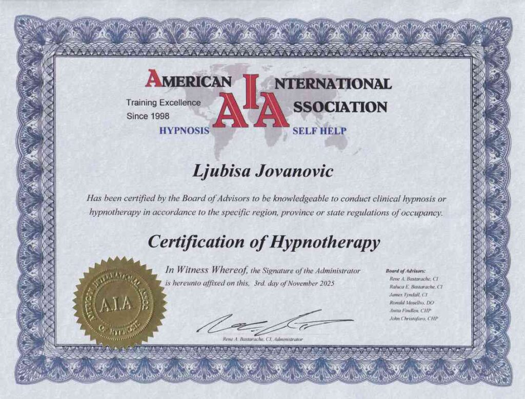 Sertifikat diplomiranog hipnoterapeuta iz Amerike